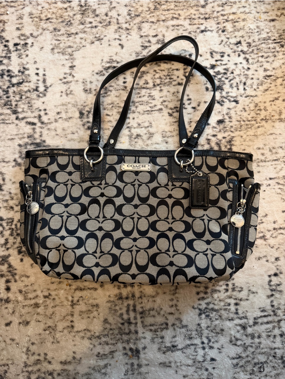 Coach Black and Grey-ish Signature Jacquard Shoulder Tote